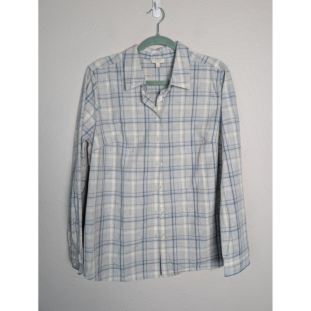 Talbots Button-Up Womens L Blue Plaid 100% Cotton Long Sleeve Collared Shirt